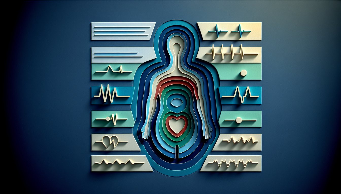 Paper art style heart with ECG leads icons on dark blue background for EKG lead placement and identification quiz