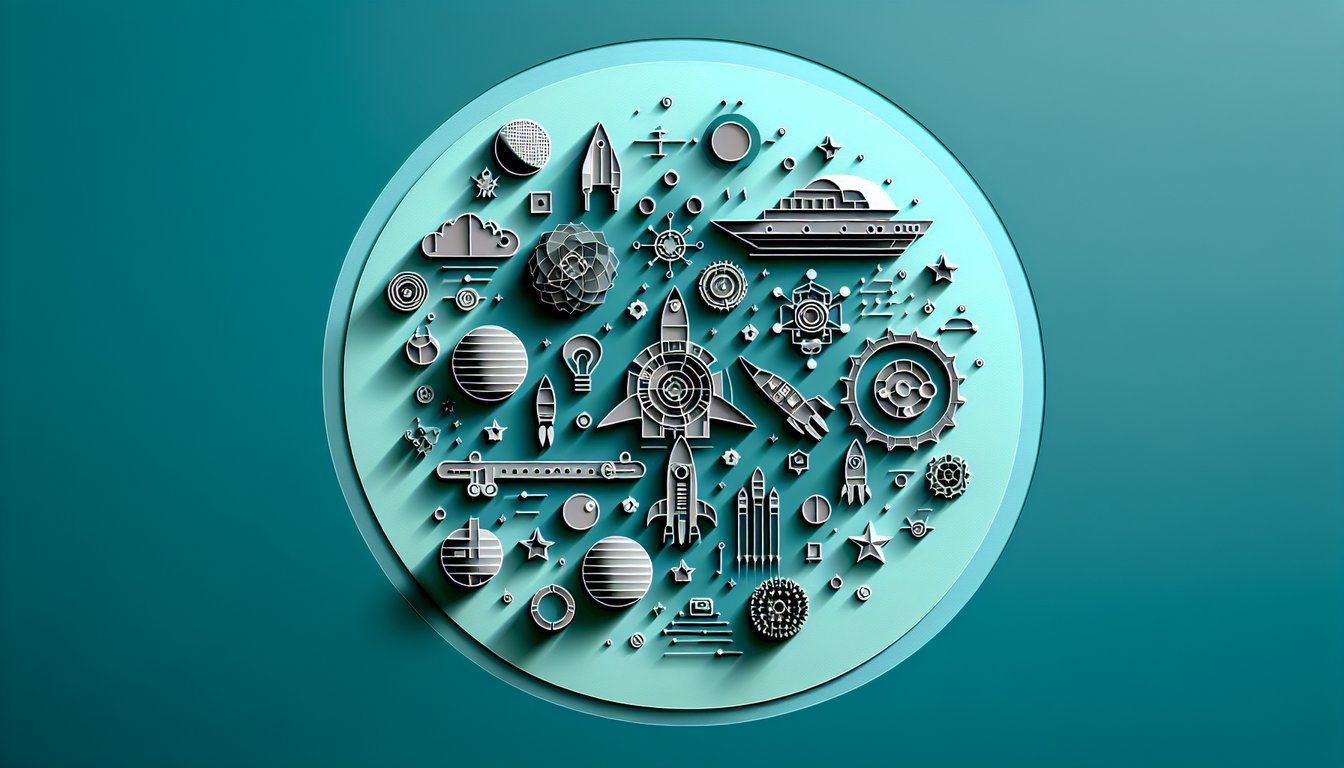 Paper art style galaxy illustration with colorful stars team icons and shapes on teal background for a team role quiz