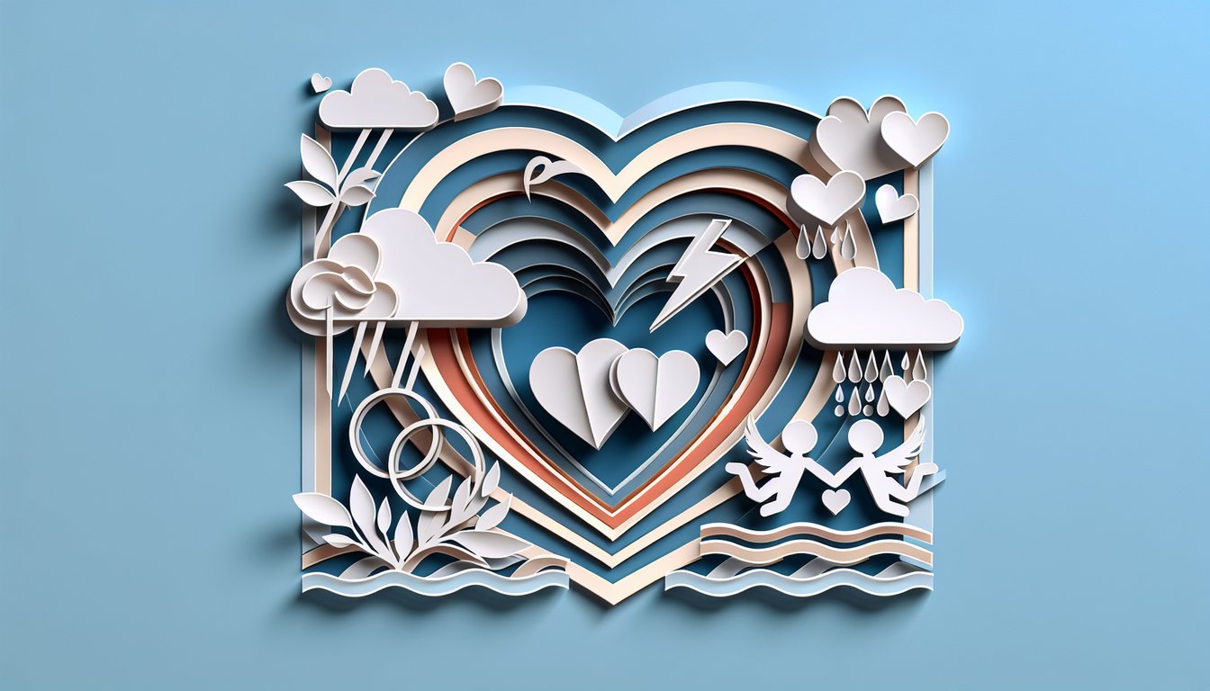 Paper art illustration for marriage rescue quiz on a sky blue background