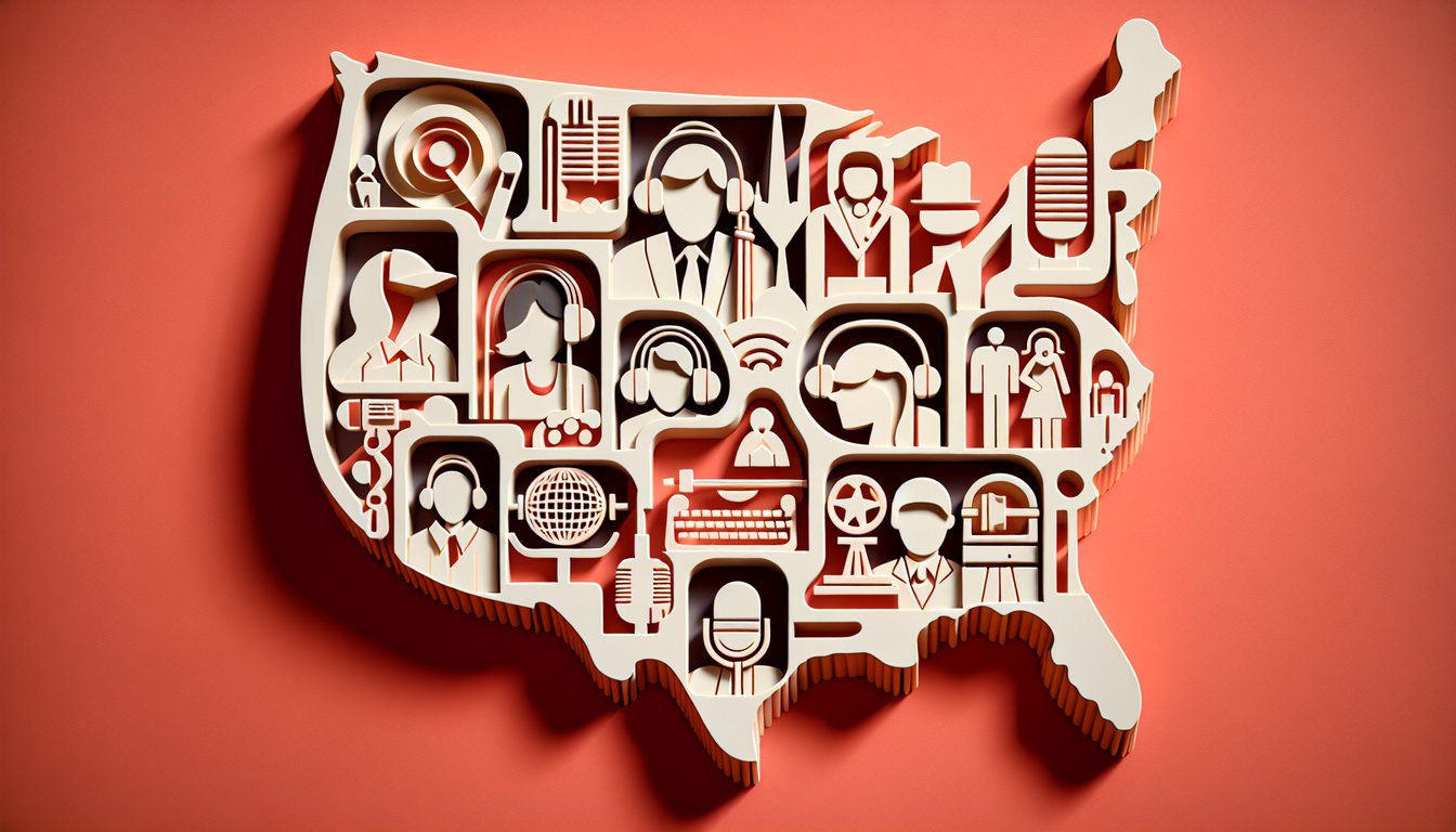 paper art usa map formed by layered speech bubbles and letters on coral background for regional dialect quiz