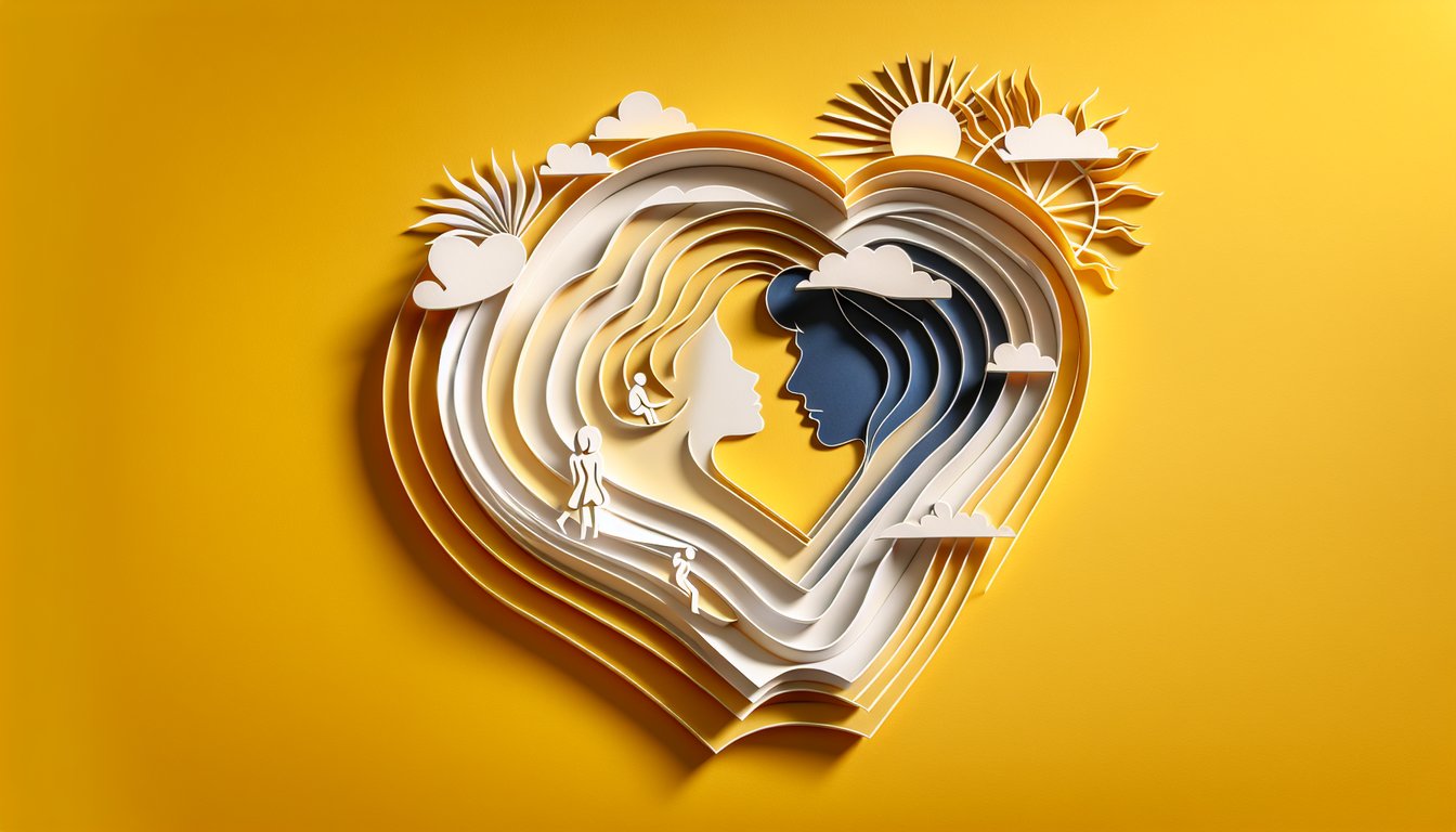 Paper art illustration for engagement uncertainty quiz on a golden yellow background