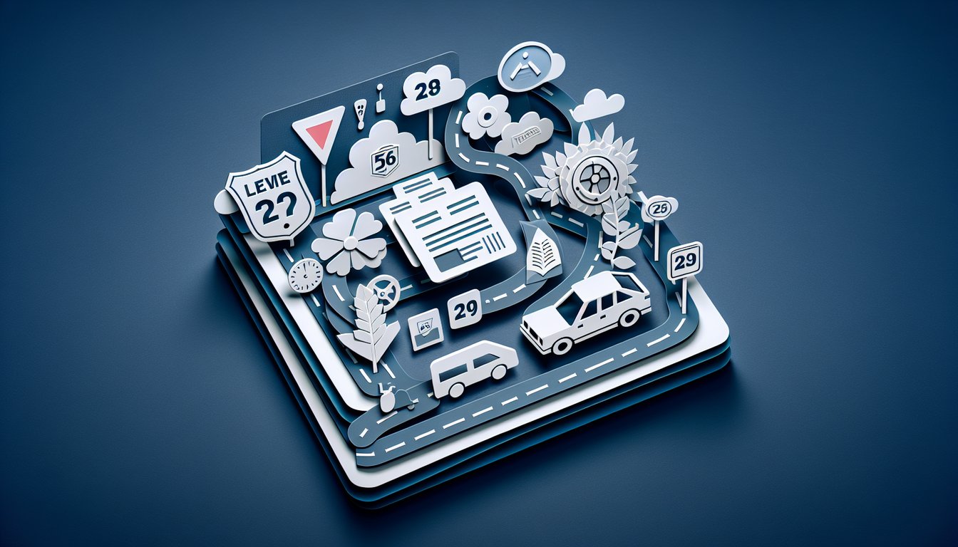 Paper art style quiz graphic for Iowa practice permit test with test sheet car icons and road signs on dark blue background