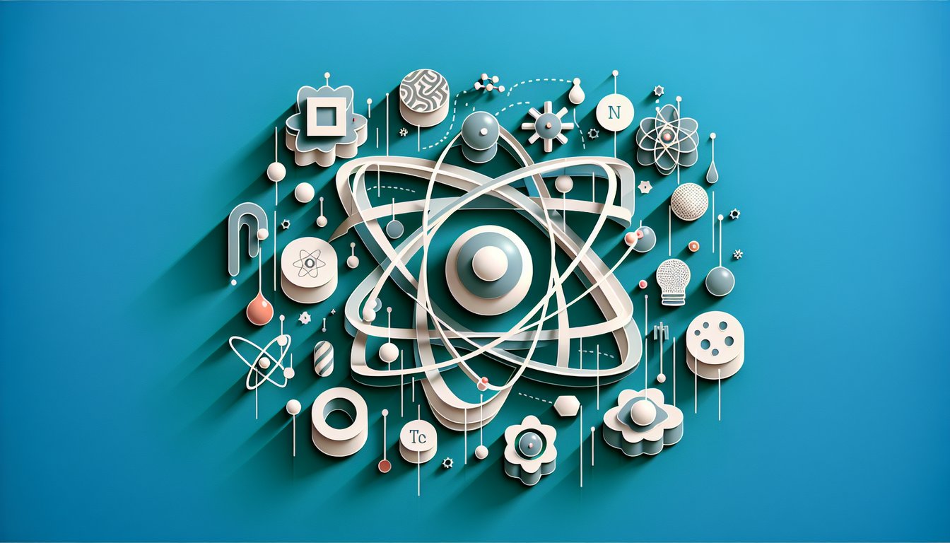 Paper art style atoms ions and isotopes quiz graphic on teal background with test your skills challenge