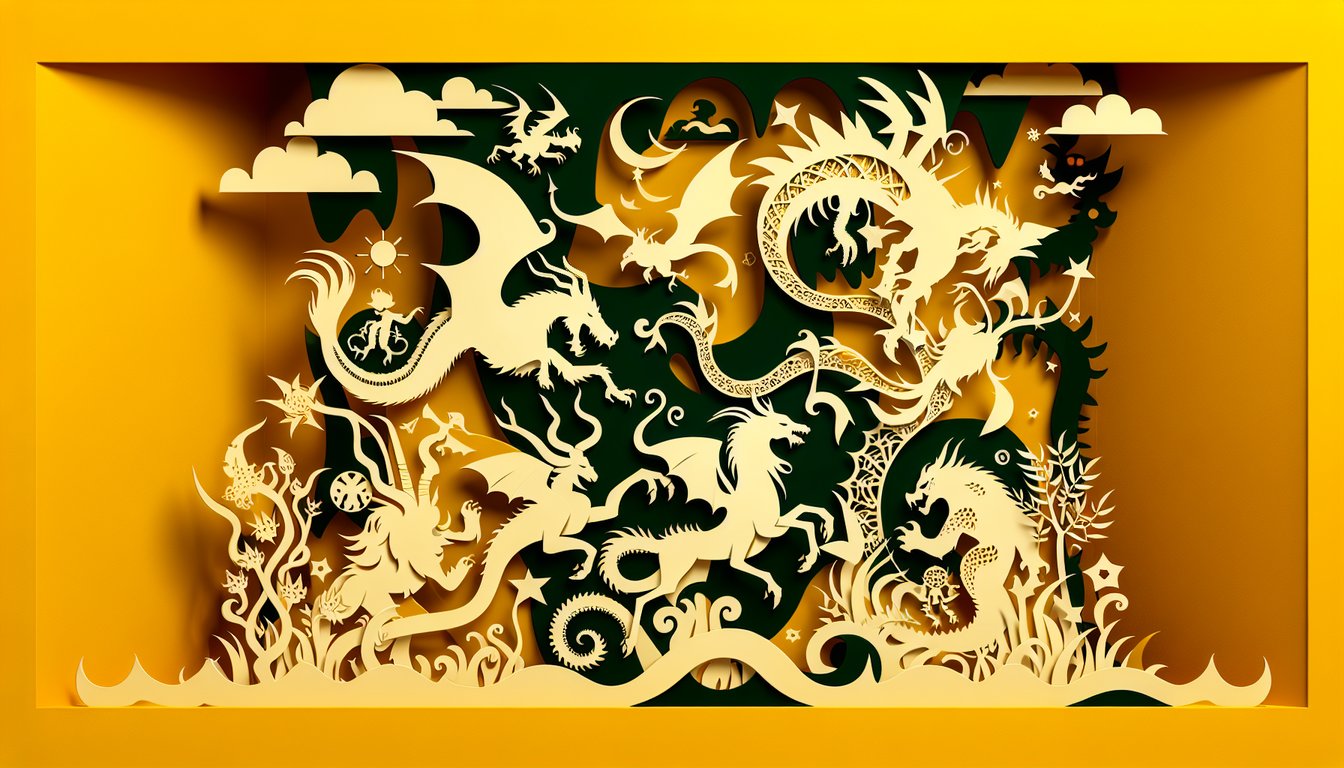 paper art monsters on golden yellow background with quiz icons, fun questions revealing inner creature traits