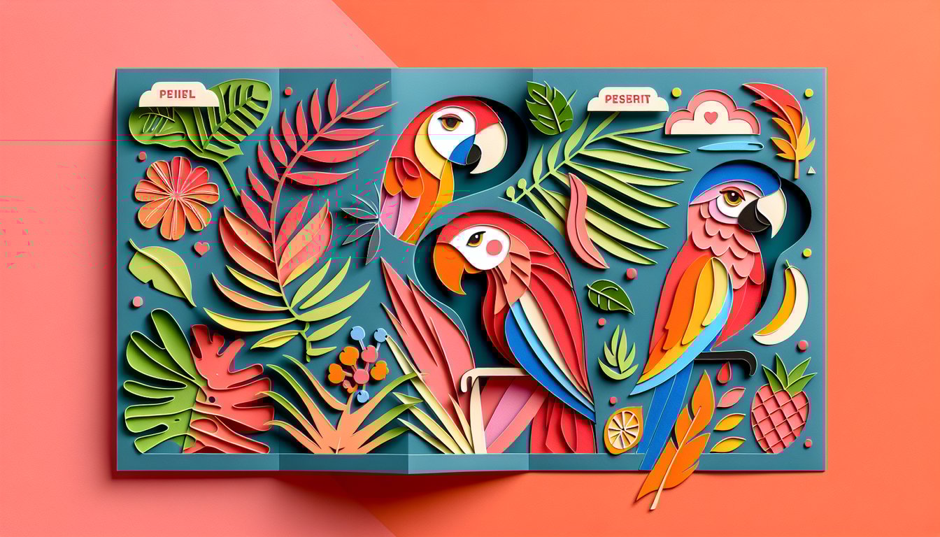 colorful paper art parrot with layered feathers perched on leafy branch on coral background.
