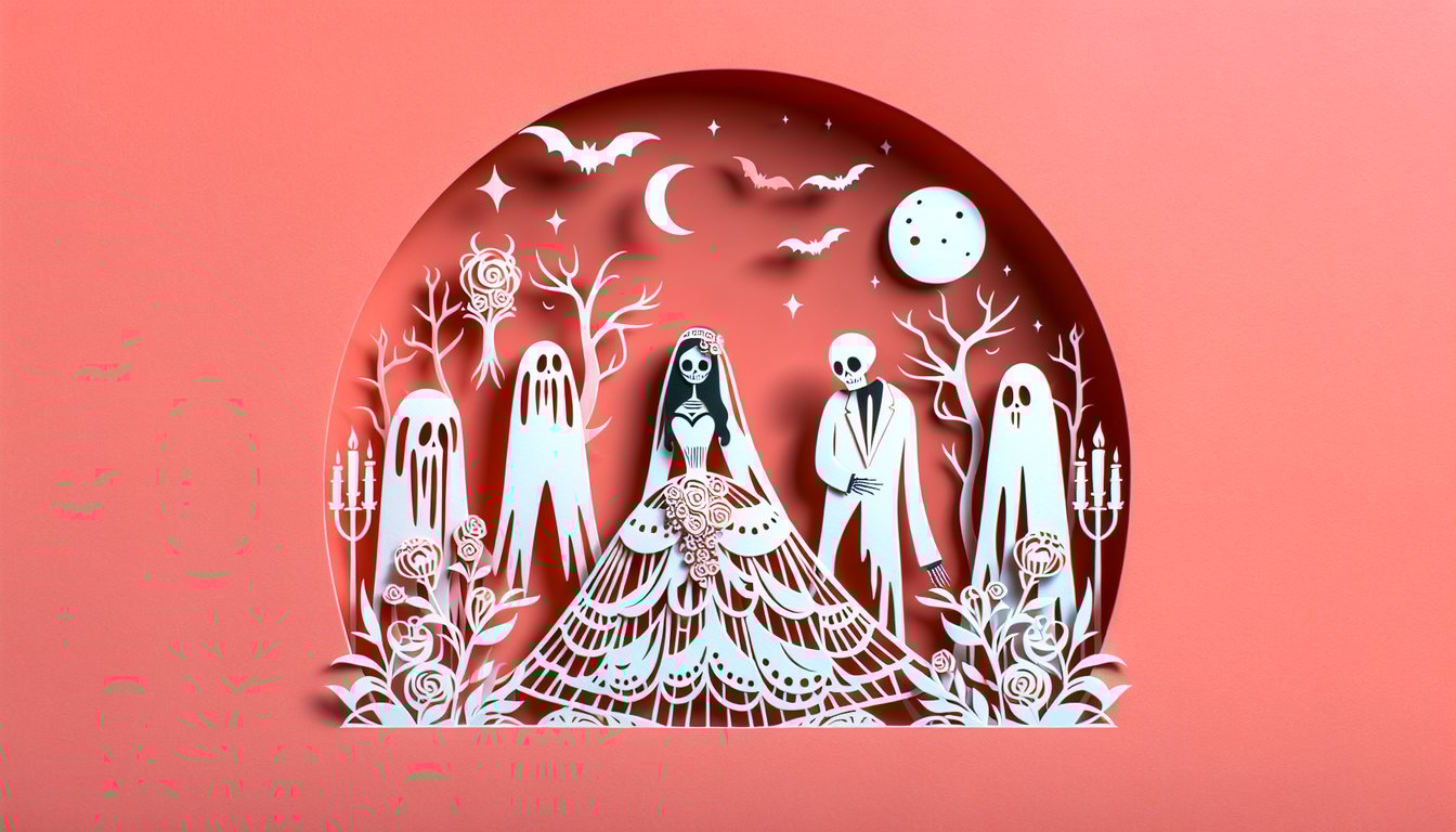 Paper art illustration for Corpse Bride trivia quiz on a coral background