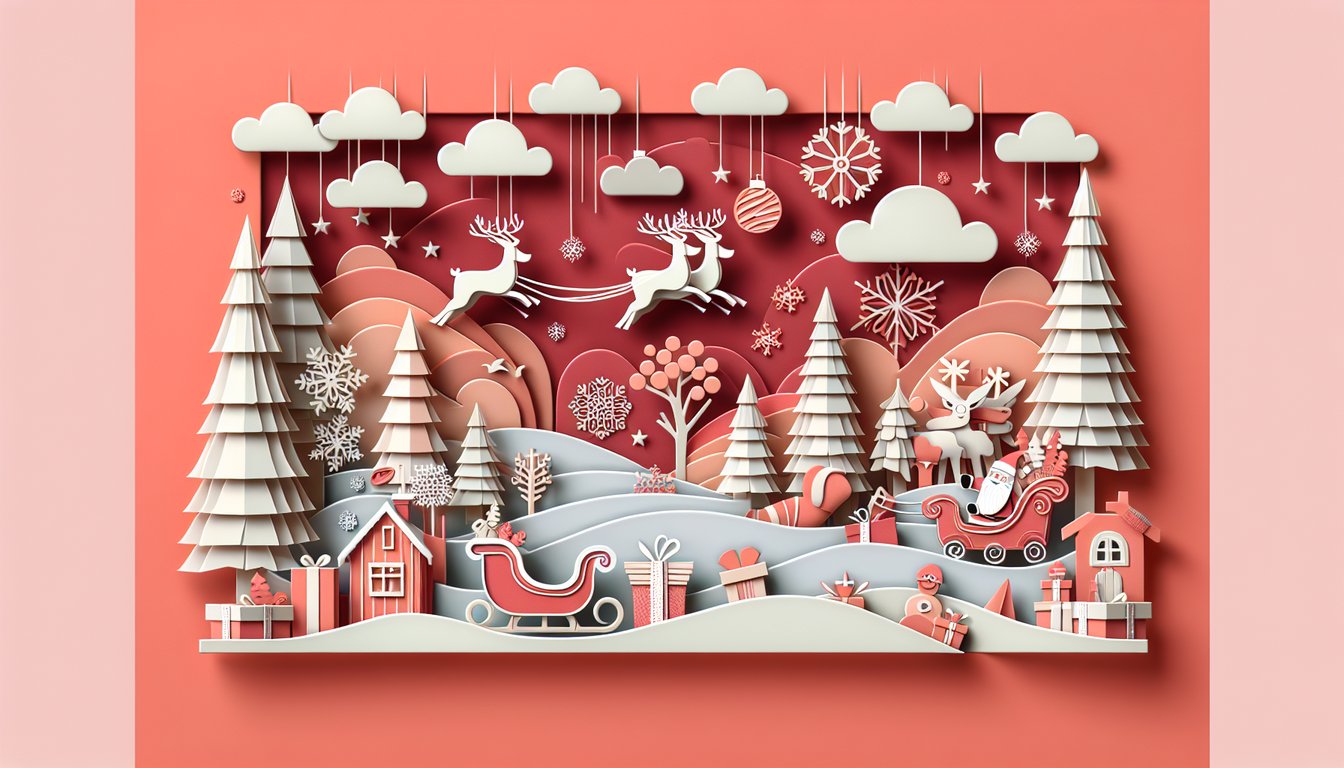 paper art Santa in sleigh with gifts and clock for Santa Clause 3 Escape Clause trivia quiz on coral background