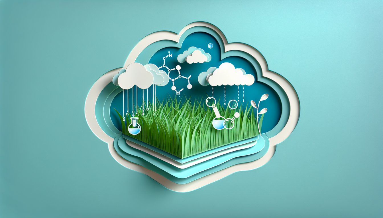 Paper art illustration showing grass being cut, chemical flask with base splash, quiz text on teal background