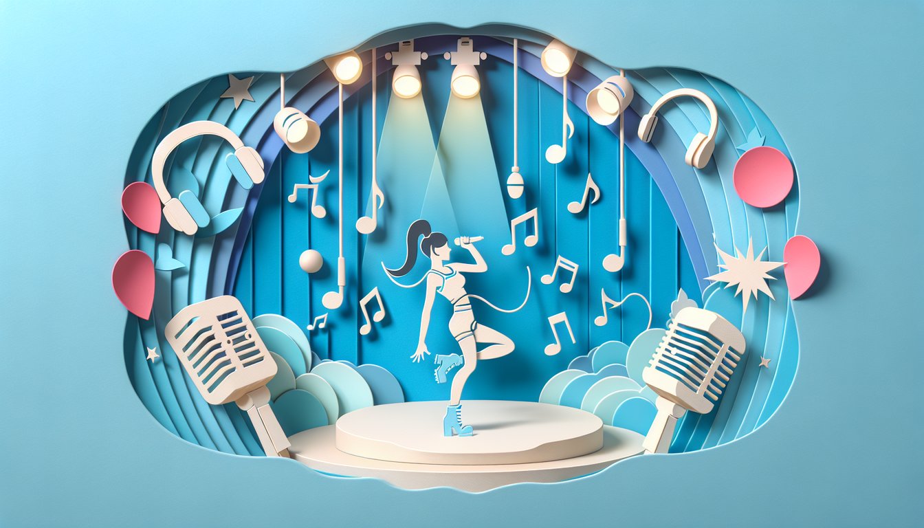 Paper art quiz Ariana Grande song fill in the blanks with paper cutouts hearts stars music notes on sky blue background