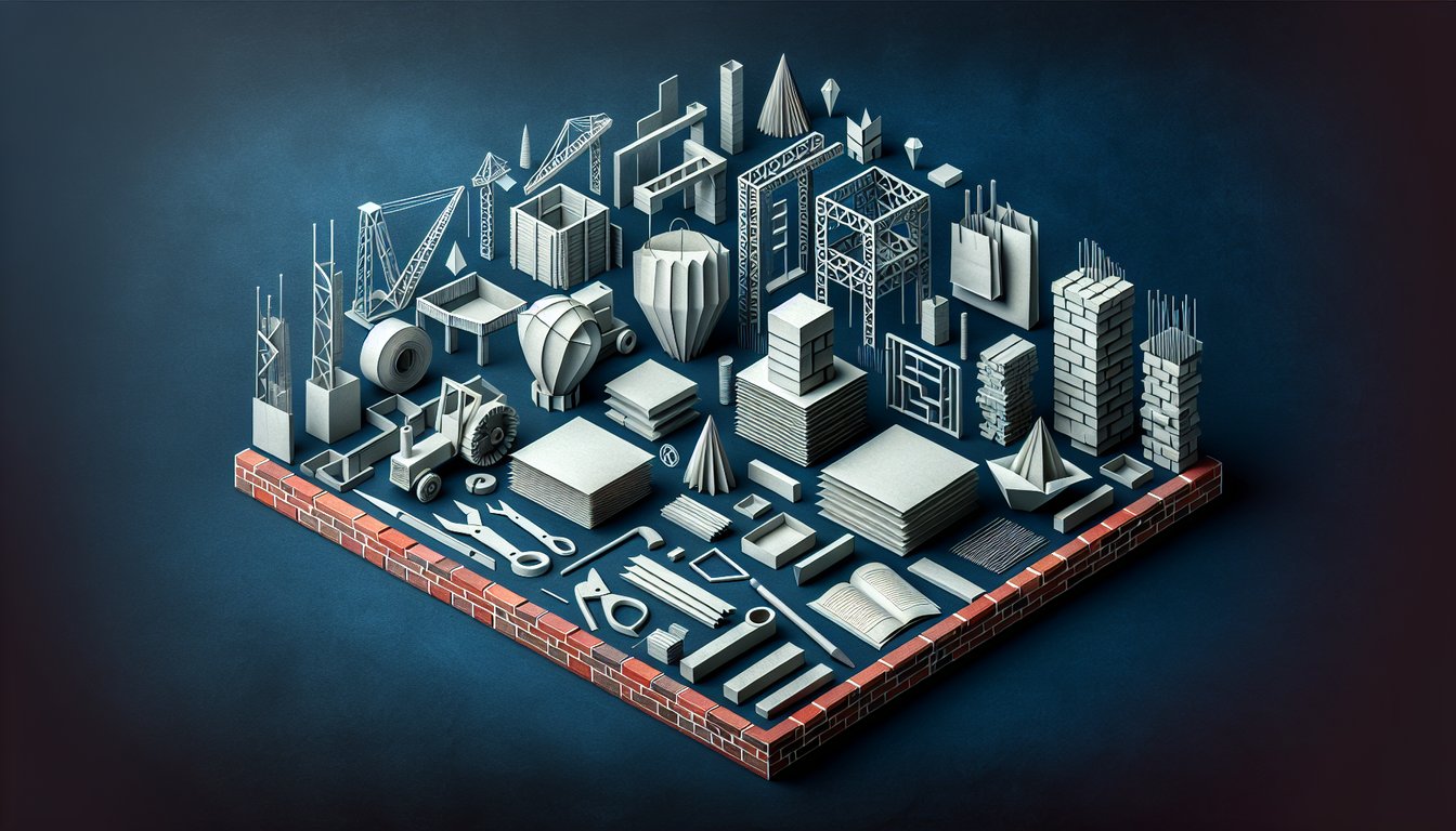 Colorful paper art depicting various architectural materials for a knowledge test