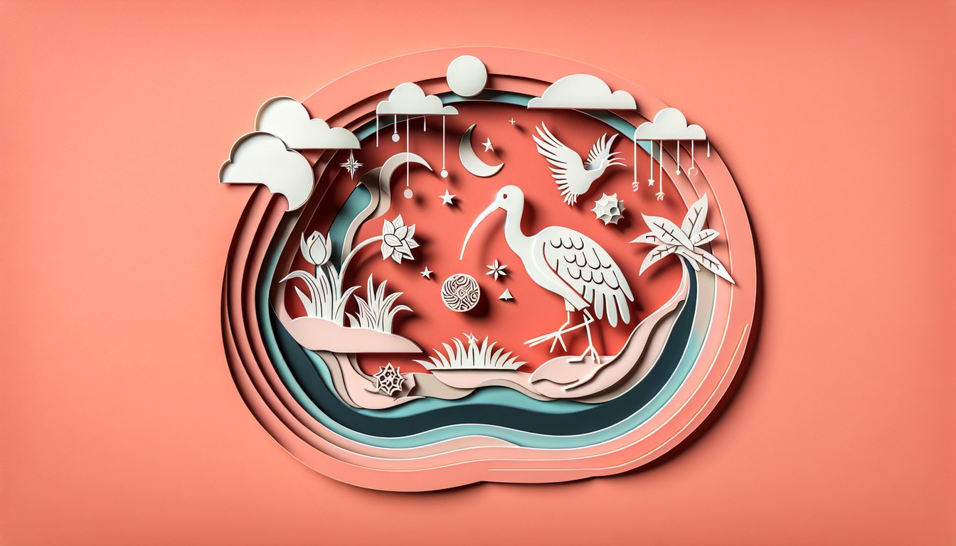 Paper art illustration for metaphors quiz on The Scarlet Ibis features open book cutout quill pen on coral background