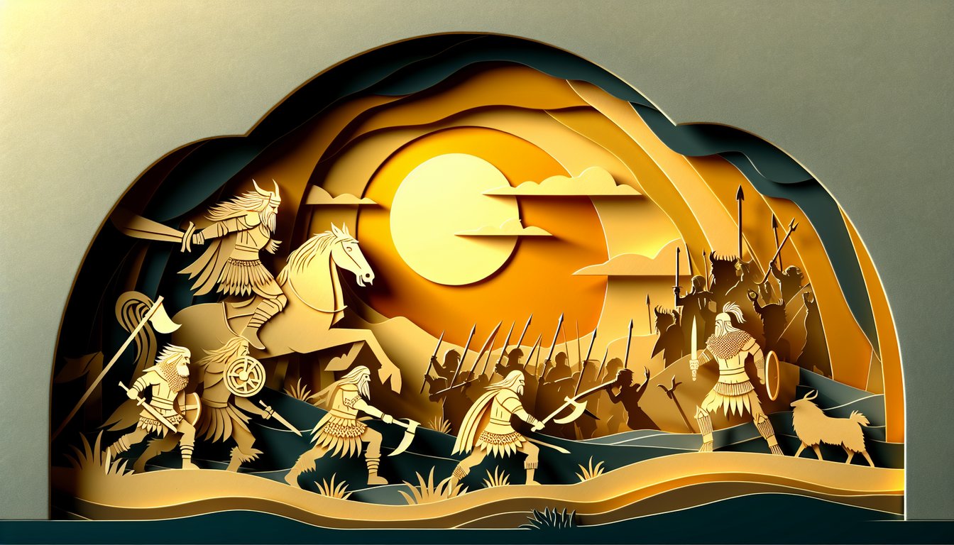 Paper art stylized Grendel dragon and armored hero with sword and scroll on yellow background for Beowulf quiz.