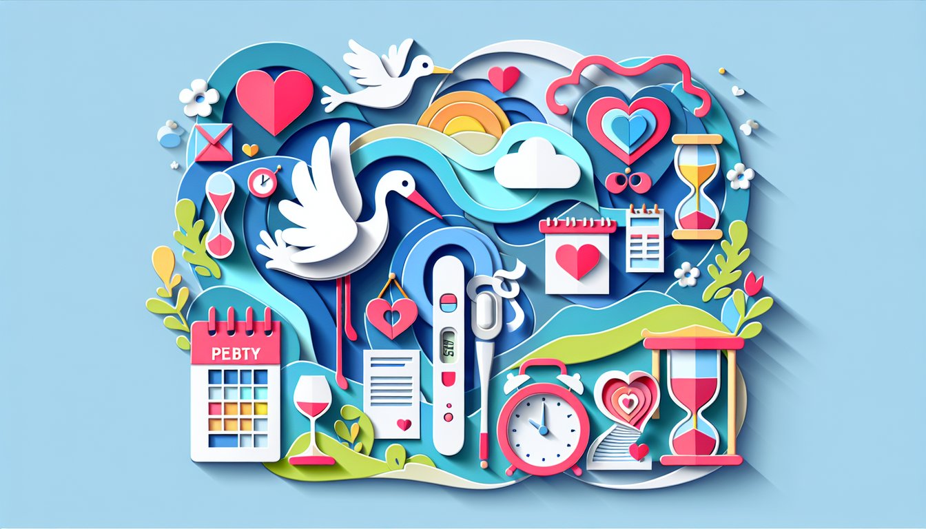 Paper art illustration with maternity icons uterus heart checklist on sky blue background for free pregnancy quiz