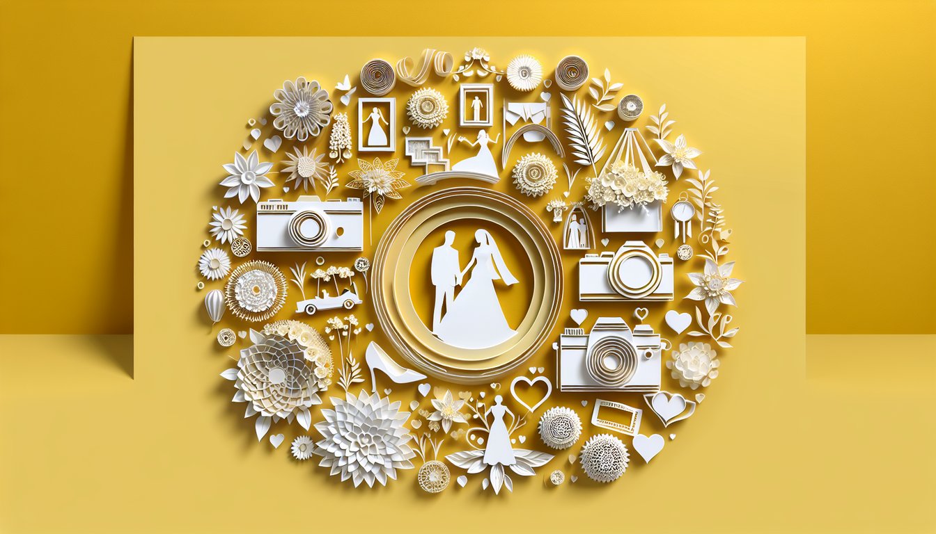 Paper art illustration for wedding photography styles quiz on a golden yellow background
