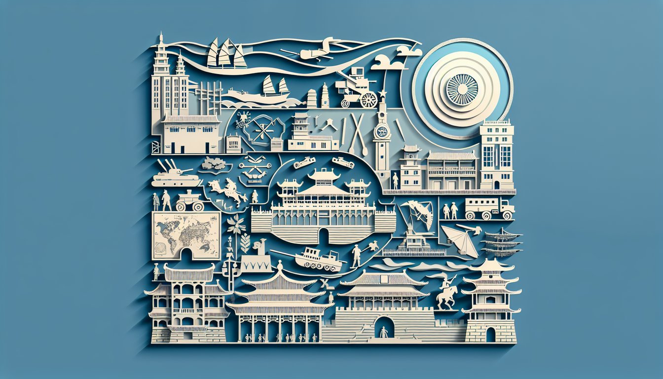 Paper art illustration of soldiers barricades in Changchun siege trivia quiz on sky blue background