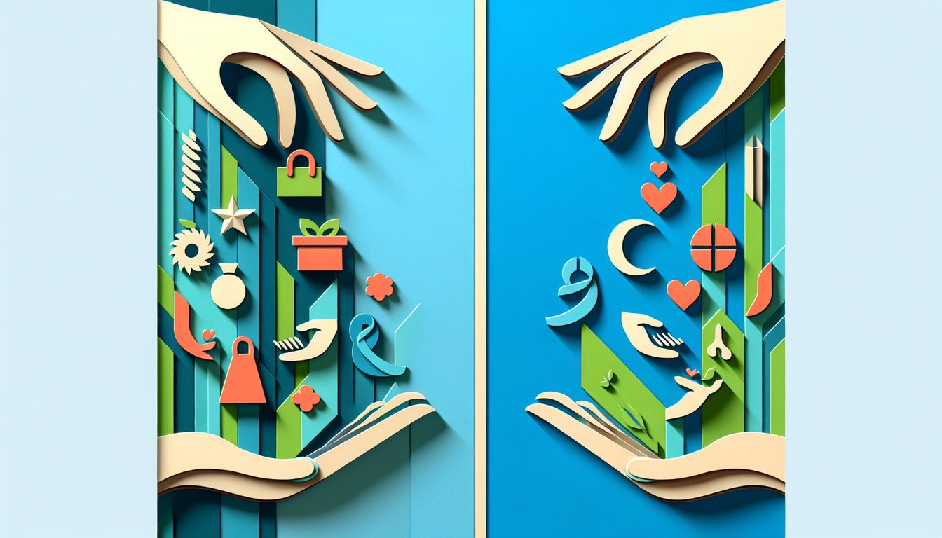 Paper cut illustration with stylized figures holding keys locks and gifts on sky blue background for keeper or giver quiz