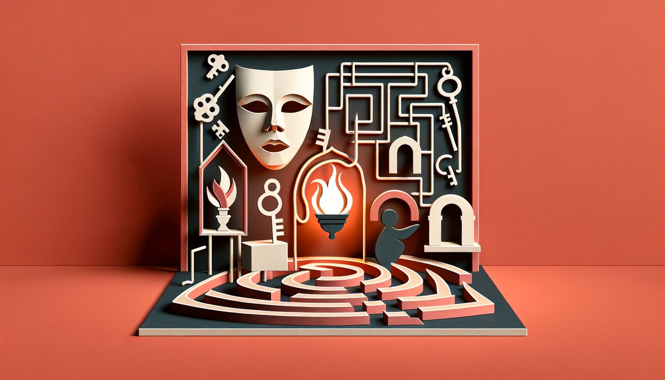 Paper art illustration for Dark Core Personality Test on a coral background