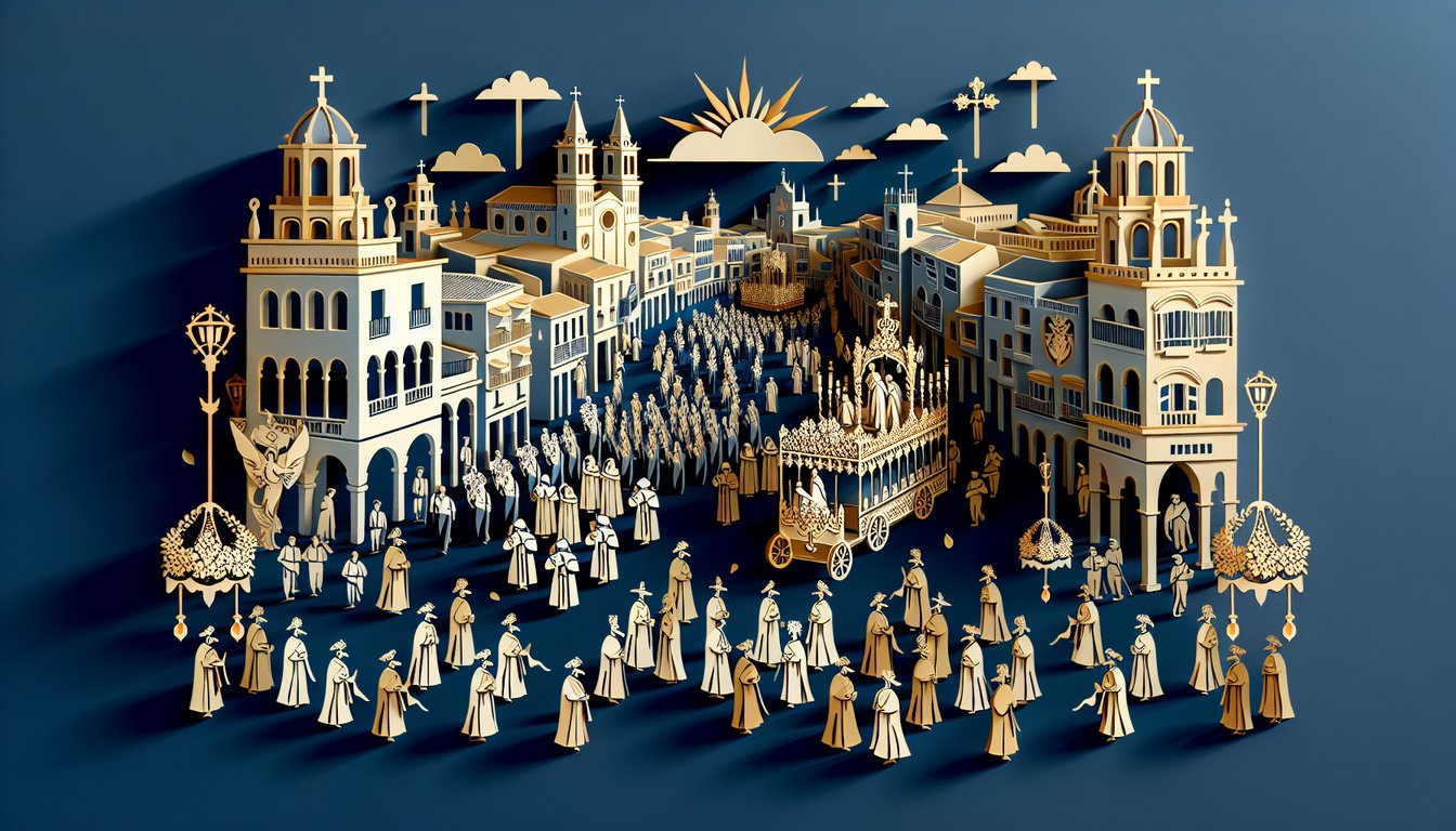 Paper art illustration for Spains Semana Santa quiz featuring traditions and customs on a dark blue background