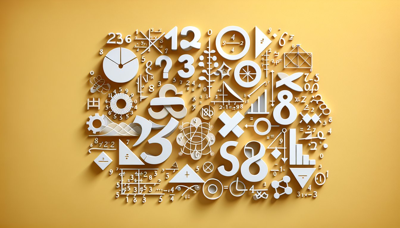 Paper art style Algebra 1 quiz showing math symbols equations factors divisibility Chapter 4 on golden yellow background