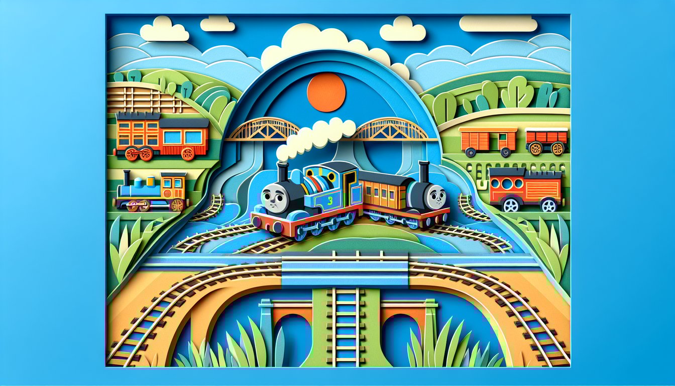Paper art illustration of smiling Sodor engines on sky blue background promoting a Thomas and Friends personality quiz