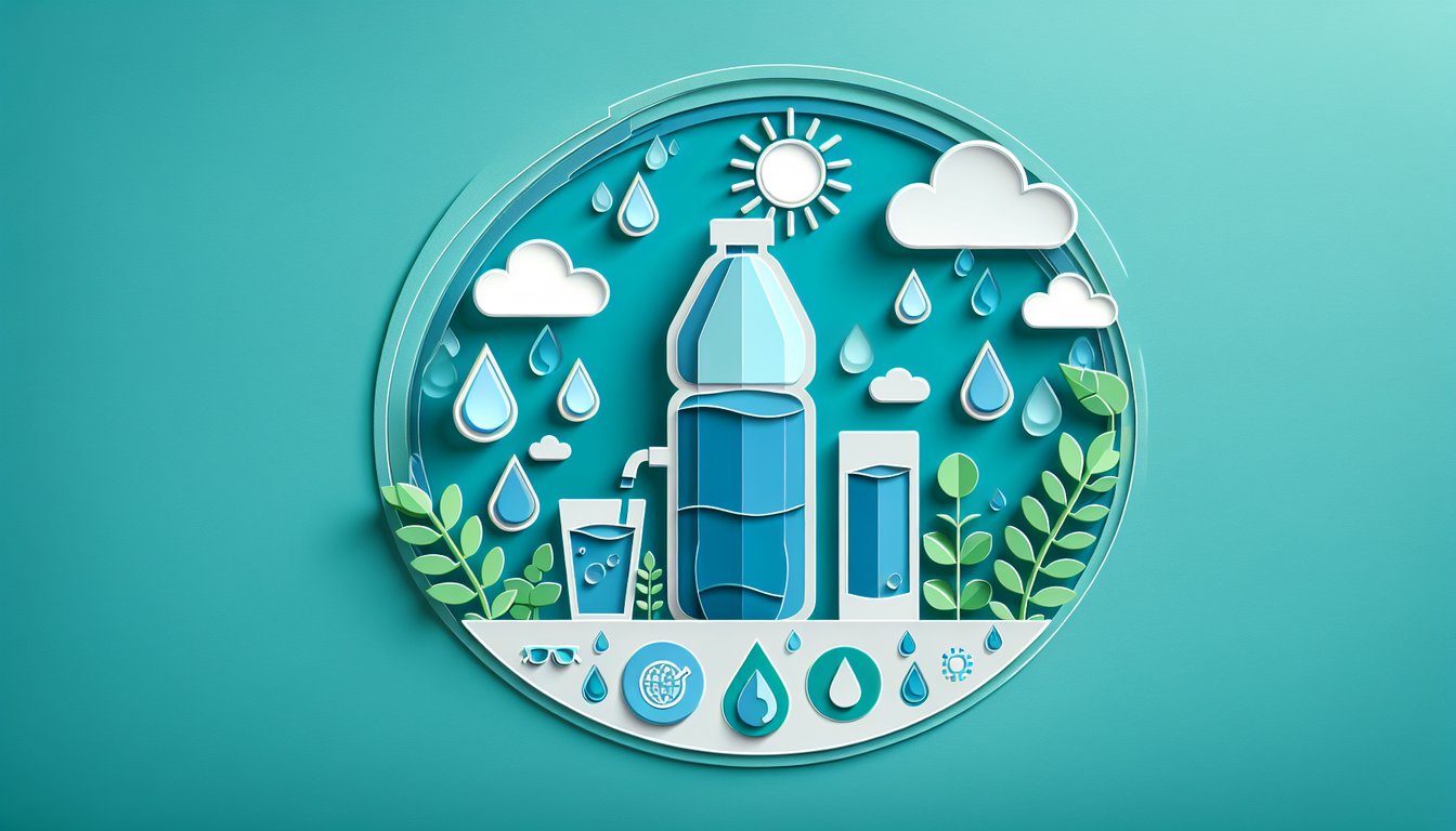 Paper art illustration for how much water should i drink quiz with water droplet glass icons on teal background