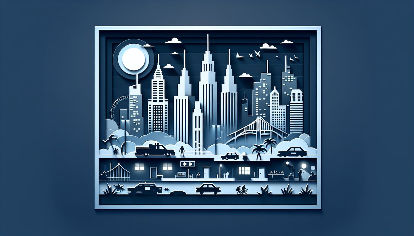 Paper art illustration for GTA 5 quiz on dark blue background challenging knowledge on characters, missions, landmarks.