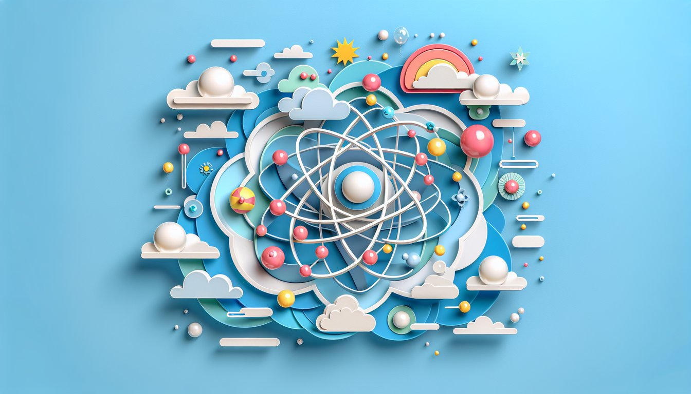 Paper art style atomic structure quiz with stylized protons neutrons and electrons on sky blue background