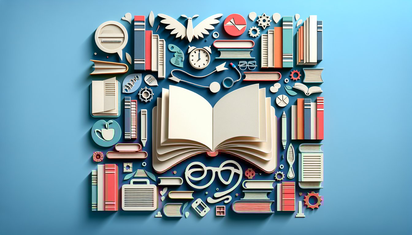 Paper art illustration of stacked books and quiz prompt text on sky blue background