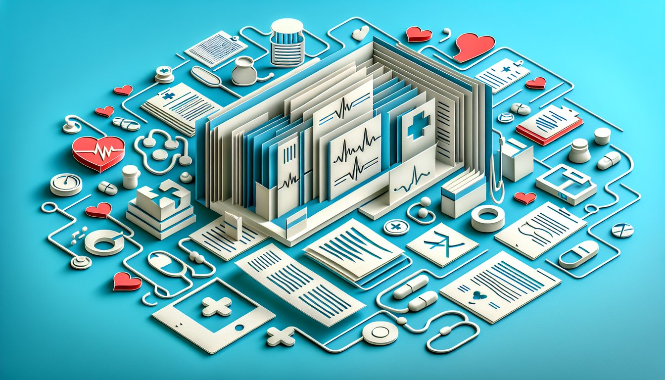 Paper art illustration showing open medical record folder clipboard stethoscope pills on sky blue background for medical records quiz