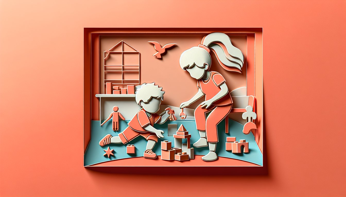 Paper cutout children playing around giant question mark and puzzle pieces on coral background for occupational therapy quiz