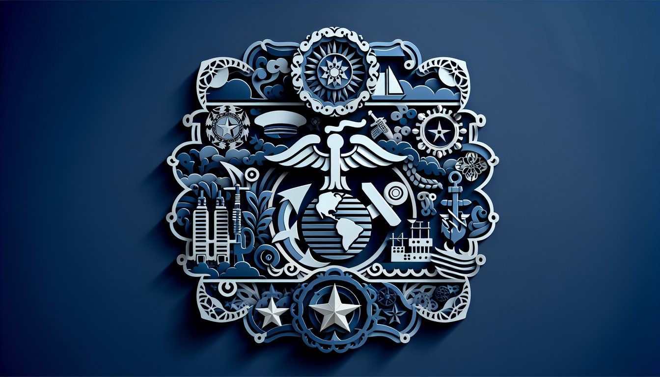 Paper art illustration for Marine Corps Knowledge quiz on dark blue background