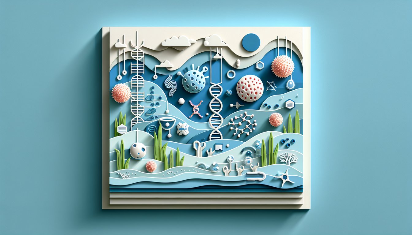 Paper art illustration for LC Biology quiz on cell biology, genetics, ecology on sky blue background