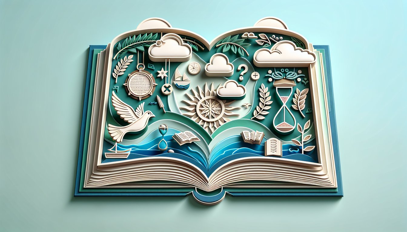 Paper art open bible with question mark and quiz icons on teal background