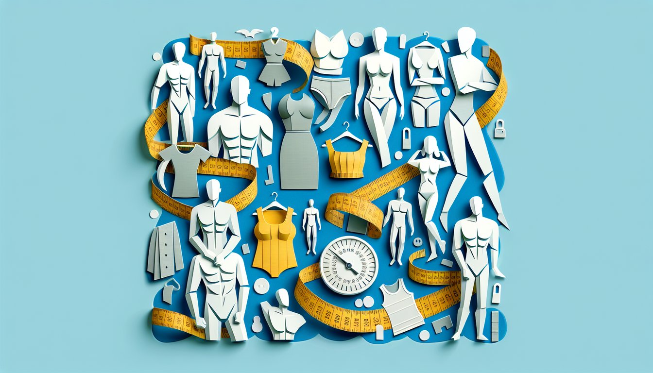 Paper cut illustration of varied body silhouettes measuring tape and size quiz on sky blue background
