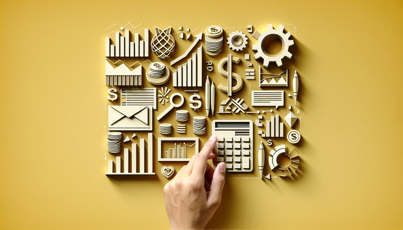 paper art stacks coins documents laptop calculator charts on golden yellow background for accounting business quiz