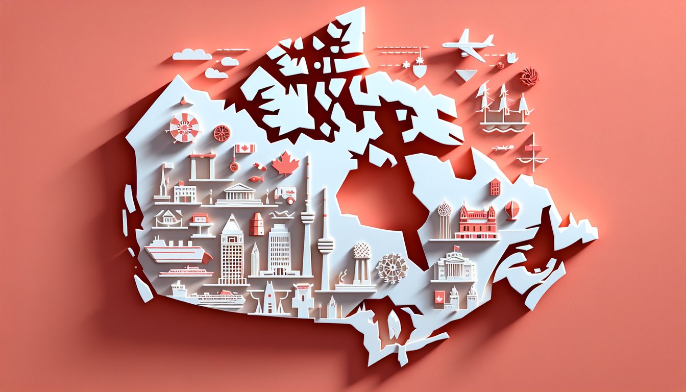 Paper cut style map of Canada with city markers on coral background for Canada Cities Quiz