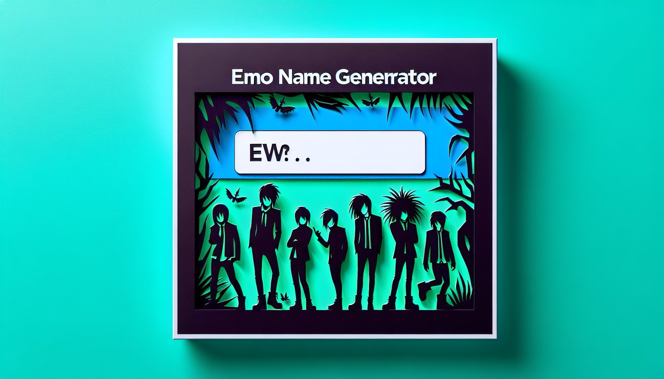Paper art with torn black heart drips and gothic lettering announcing emo name quiz on teal background