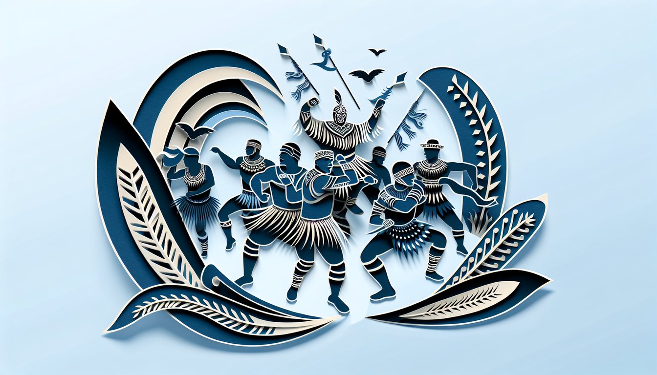 Paper art kapa haka performers wearing traditional costumes on dark blue background quiz invitation