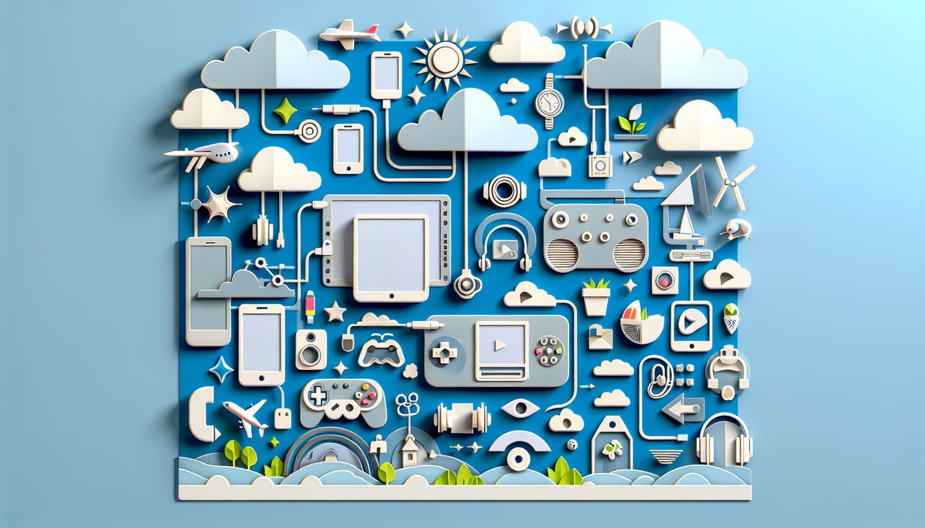 Paper art illustration of Gen Z icons smartphones emojis social media symbols floating on sky blue background for quiz