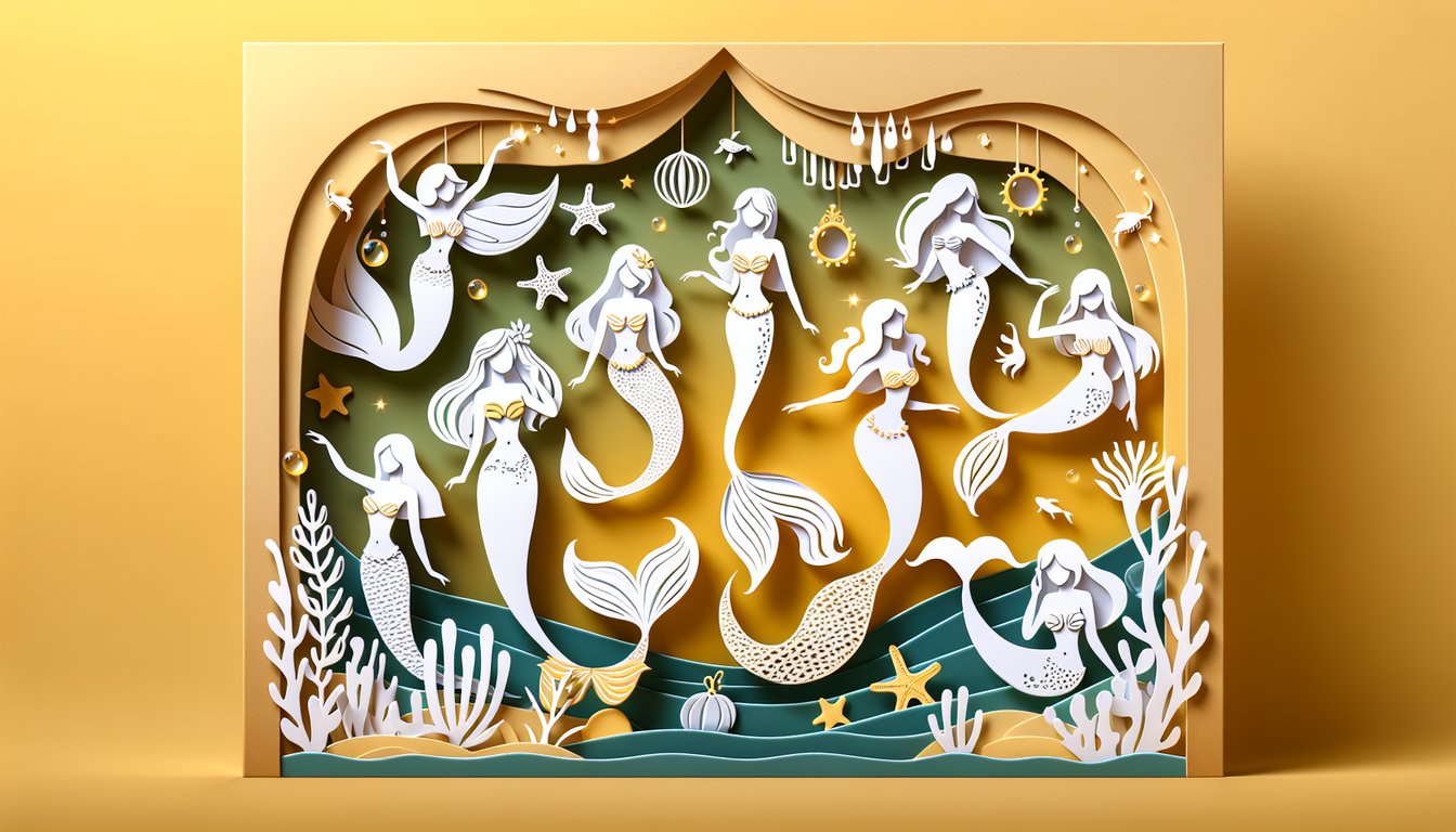Paper art mermaids on golden yellow backdrop invite quiz takers to match personality to a Mako Mermaids character