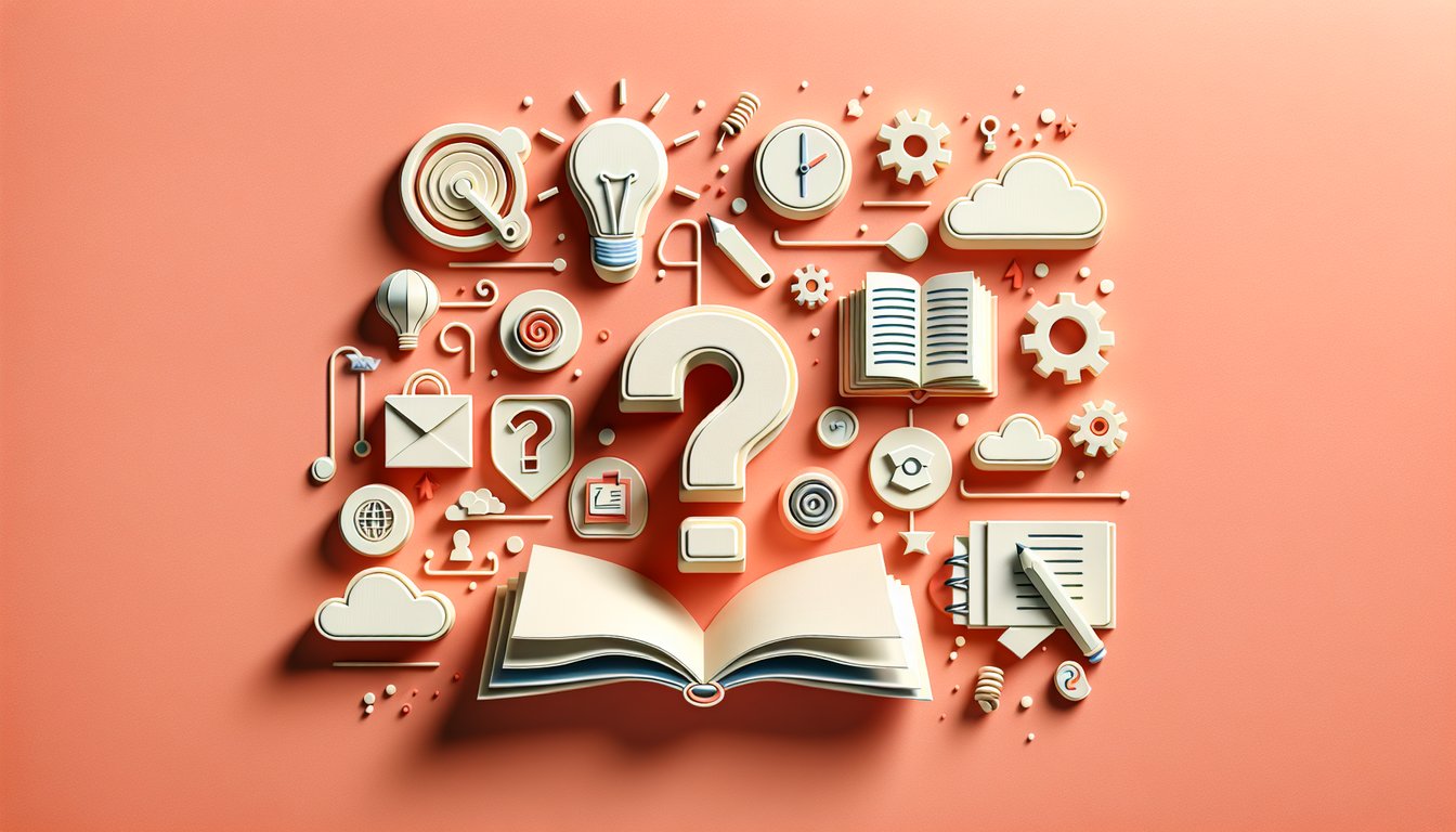 Paper art books pen speech bubbles coral background promoting context clues quiz