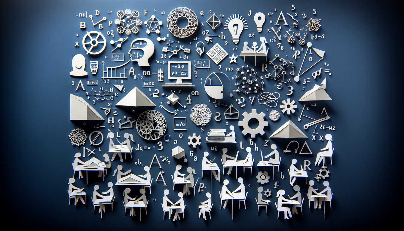 Paper art illustrating trivia for Math Model Mayhem challenges for high school students.