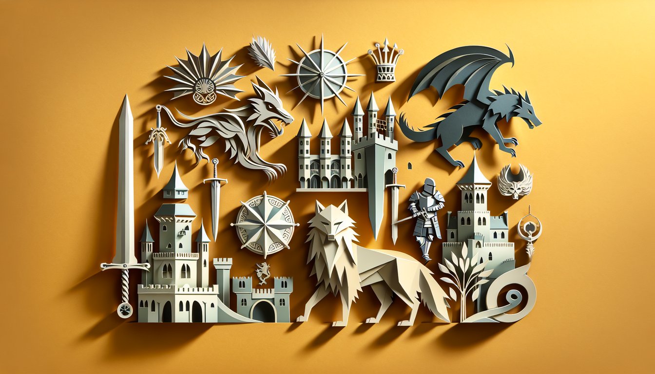 paper art illustration featuring medieval swords shields, banners on golden yellow background promoting a quiz vibe