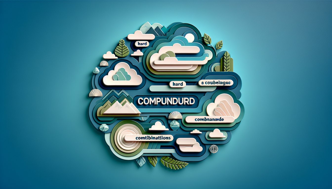 Paper art letters forming compound words over open book on teal background
