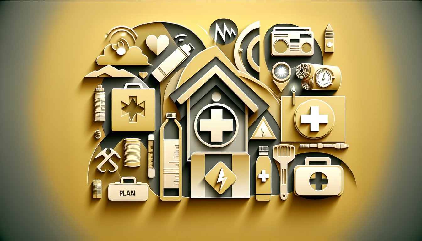 Paper icons of first aid fire extinguisher flashlight compass and emergency kit on golden yellow background for safety quiz
