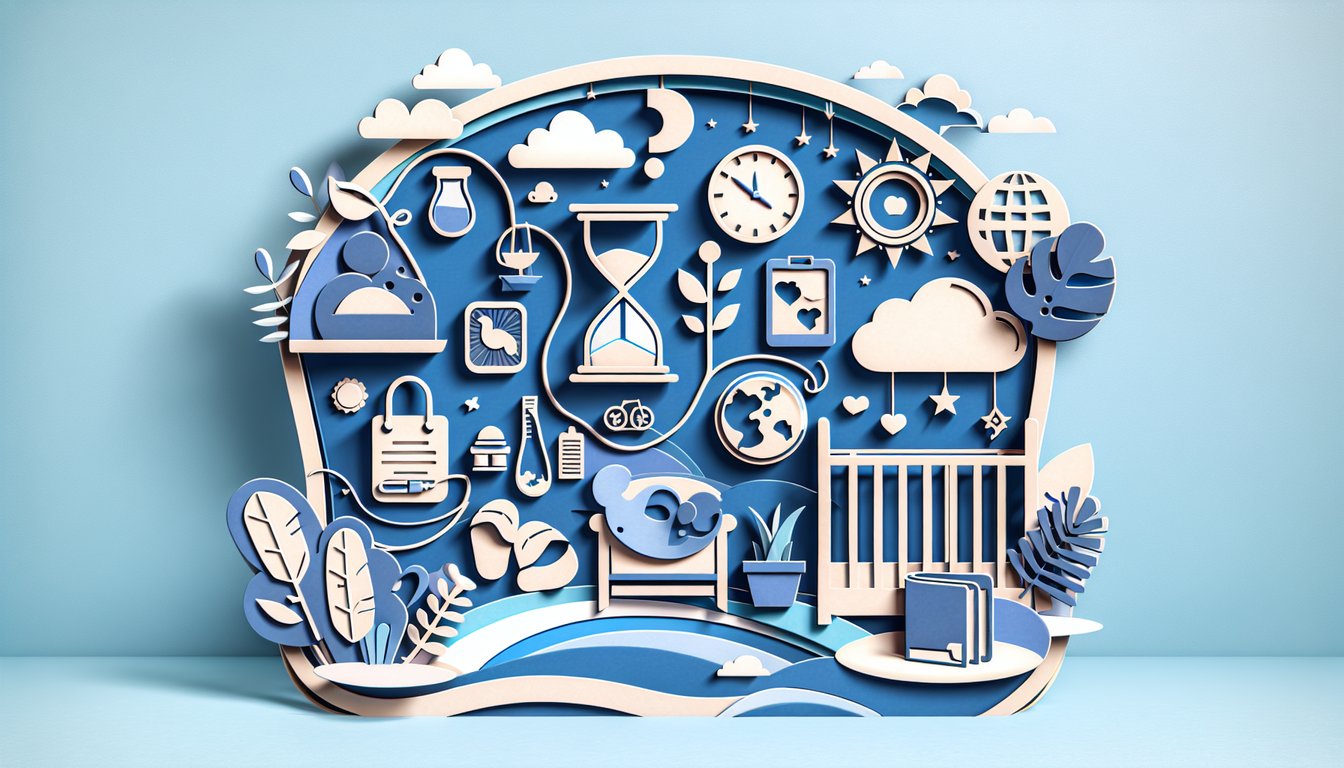 Paper art illustration for a personality quiz about predicting first babys arrival on a sky blue background.