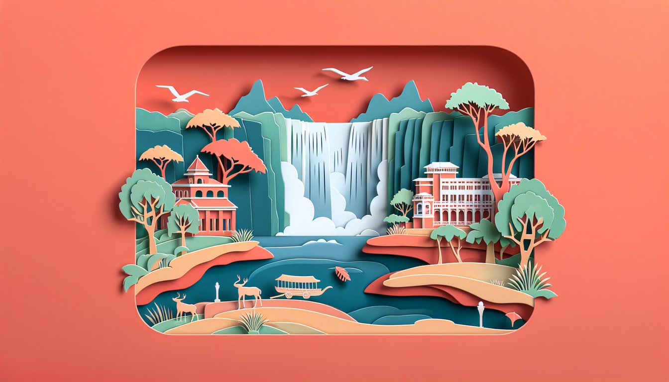 Paper art style Zambia map with silhouette of Victoria Falls bold quiz text and cultural motifs on coral background
