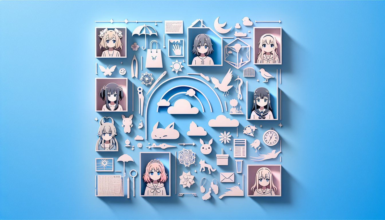 Paper art illustration of Sakurasou no Pet na Kanojo characters on a sky-blue background for a personality quiz
