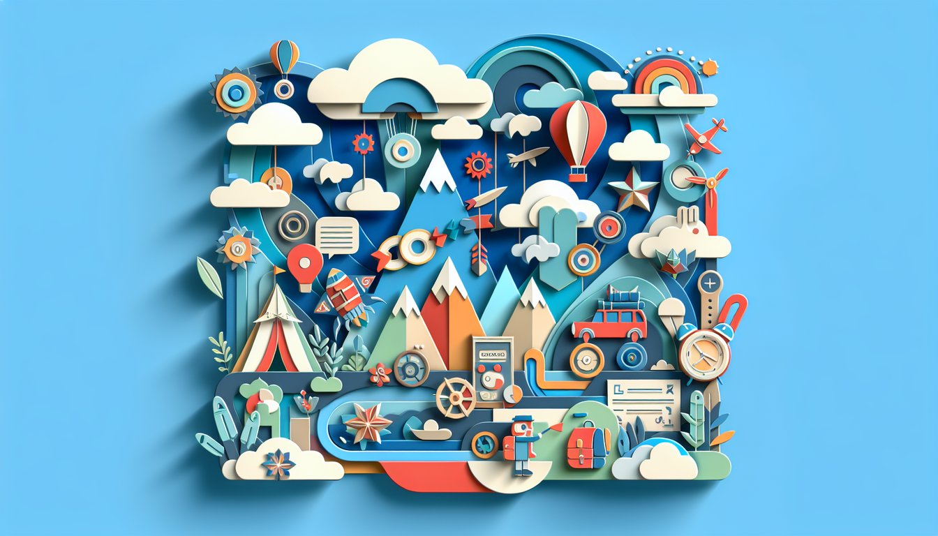 Paper art illustration for Pogue side discovery quiz on a sky blue background