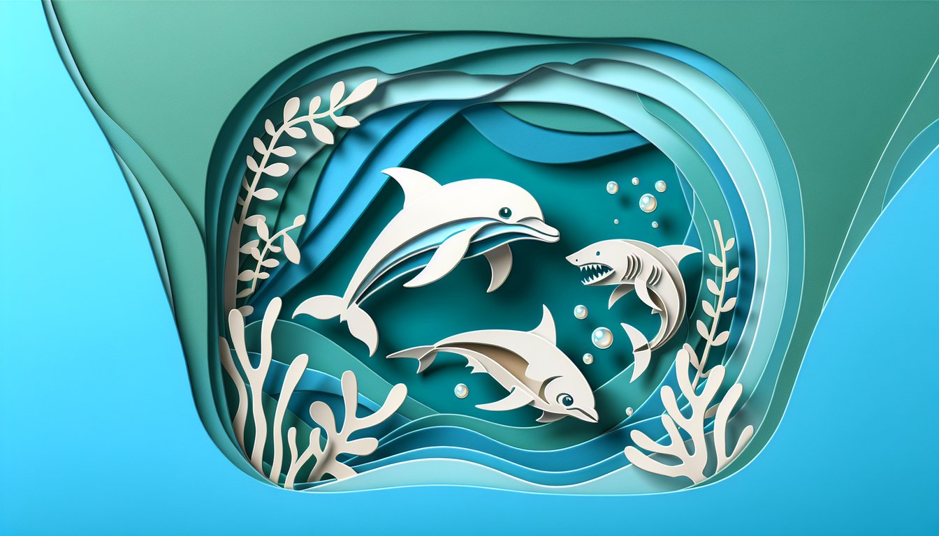 paper art illustration of quiz featuring playful dolphin and stealthy shark on teal background